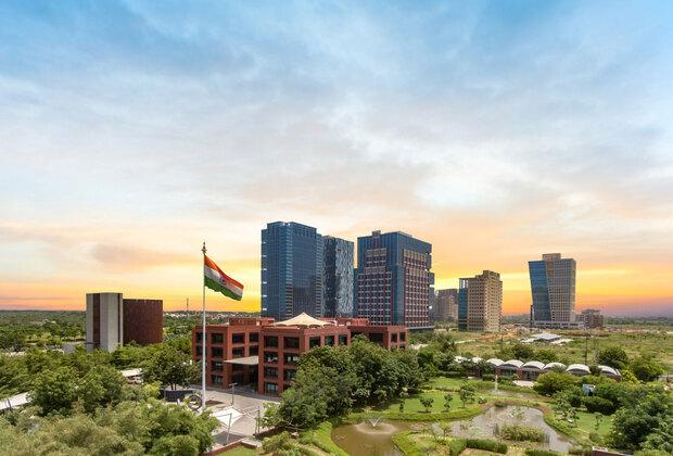 Sunset view of GIFT City Gandhinagar with Indian Flag